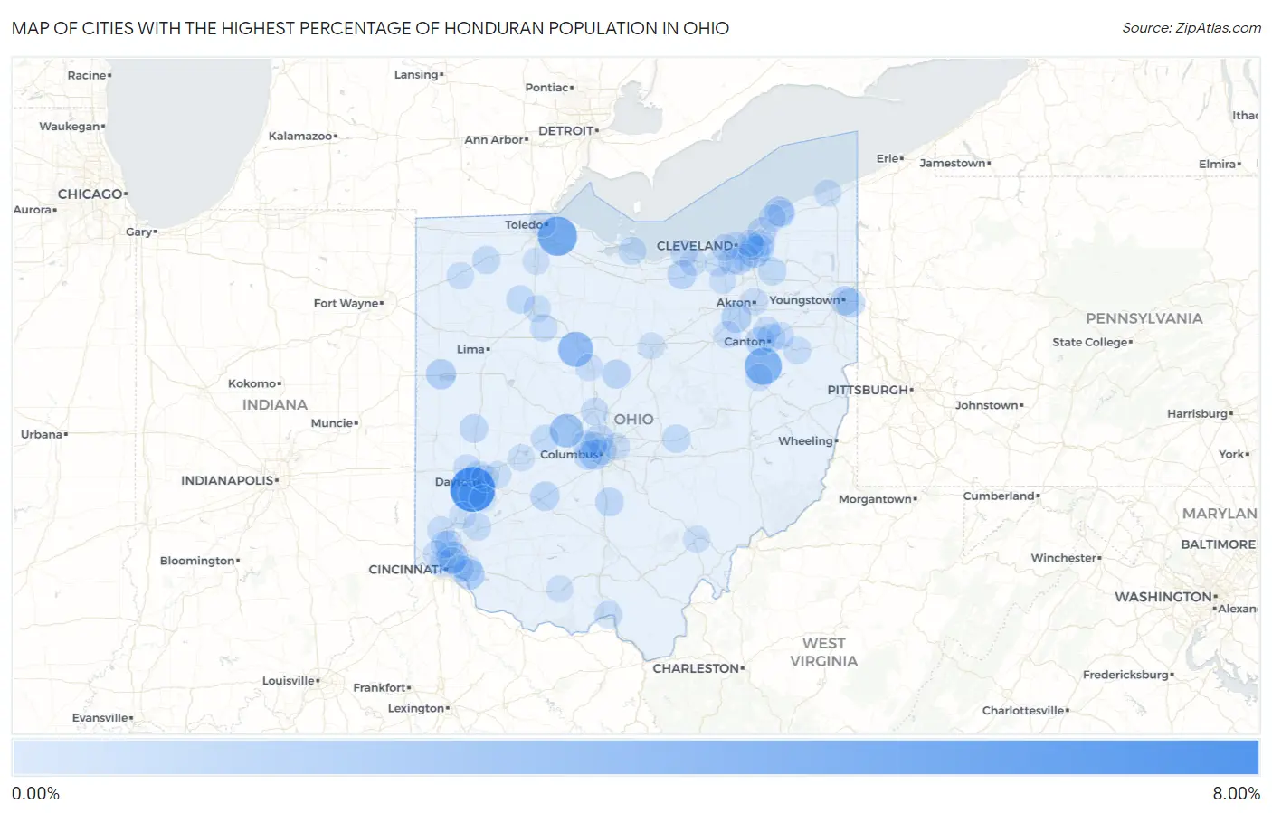 Cities with the Highest Percentage of Honduran Population in Ohio Map