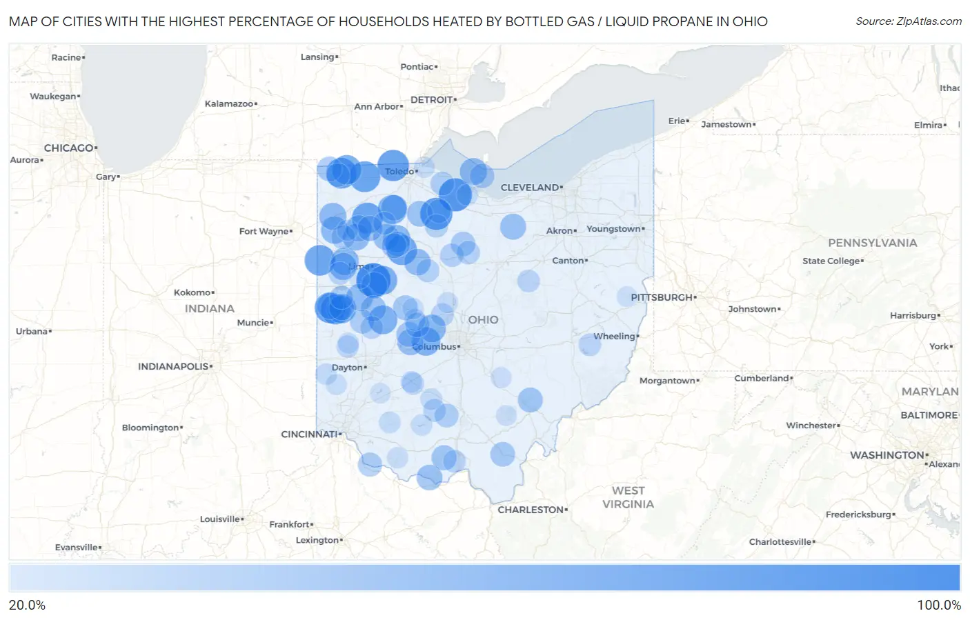 Cities with the Highest Percentage of Households Heated by Bottled Gas / Liquid Propane in Ohio Map