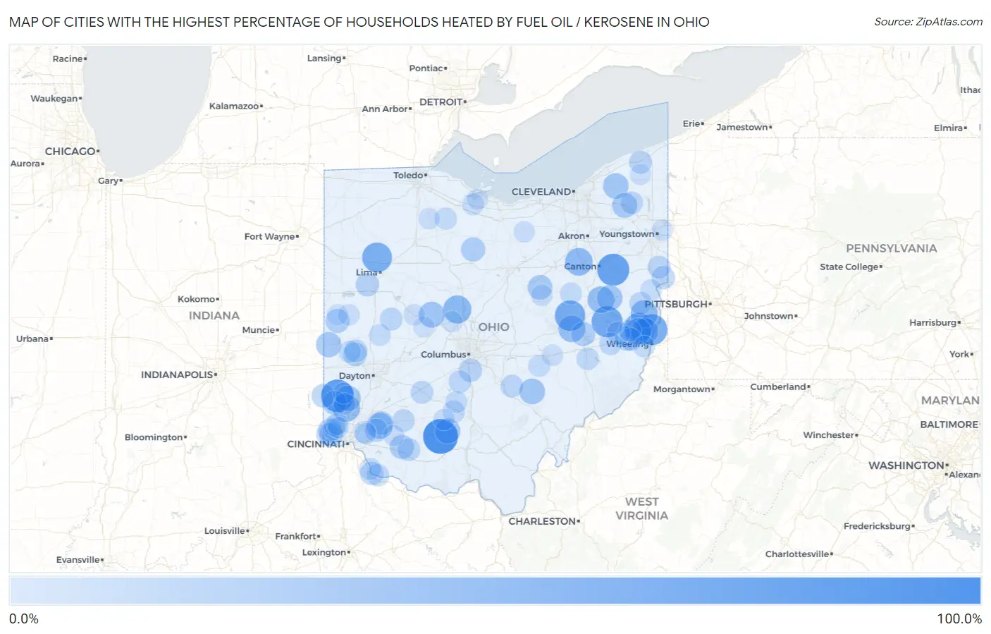 Cities with the Highest Percentage of Households Heated by Fuel Oil / Kerosene in Ohio Map