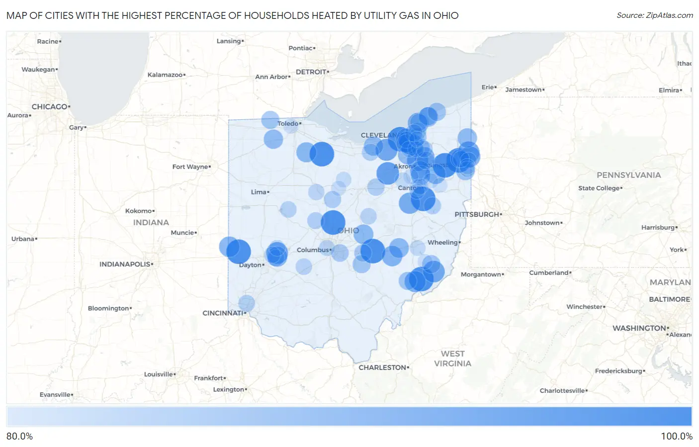 Cities with the Highest Percentage of Households Heated by Utility Gas in Ohio Map