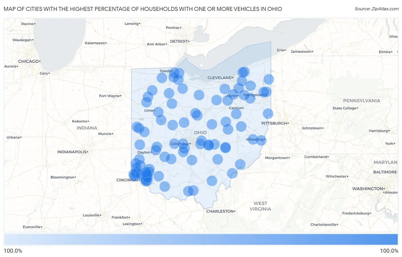 Cities with the Highest Percentage of Households With One or more Vehicles in Ohio Map