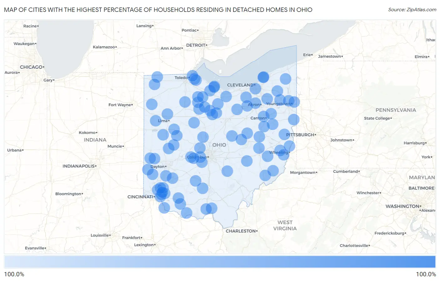 Cities with the Highest Percentage of Households Residing in Detached Homes in Ohio Map