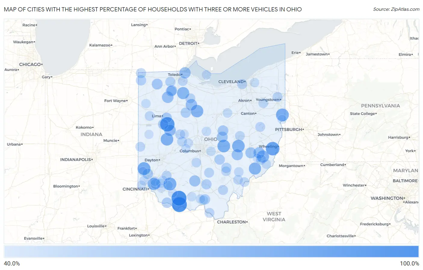 Cities with the Highest Percentage of Households With Three or more Vehicles in Ohio Map