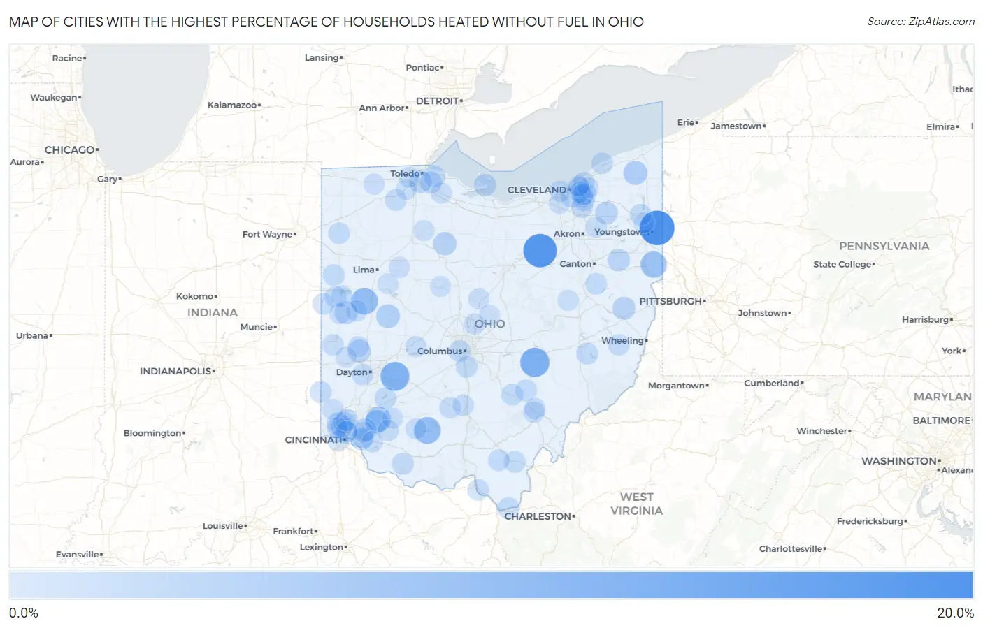 Cities with the Highest Percentage of Households Heated without Fuel in Ohio Map