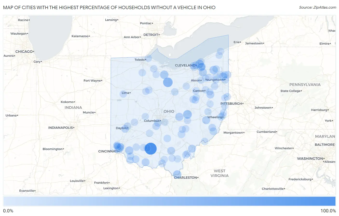 Cities with the Highest Percentage of Households Without a Vehicle in Ohio Map