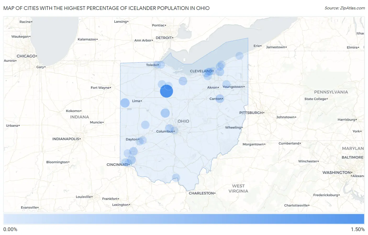 Cities with the Highest Percentage of Icelander Population in Ohio Map