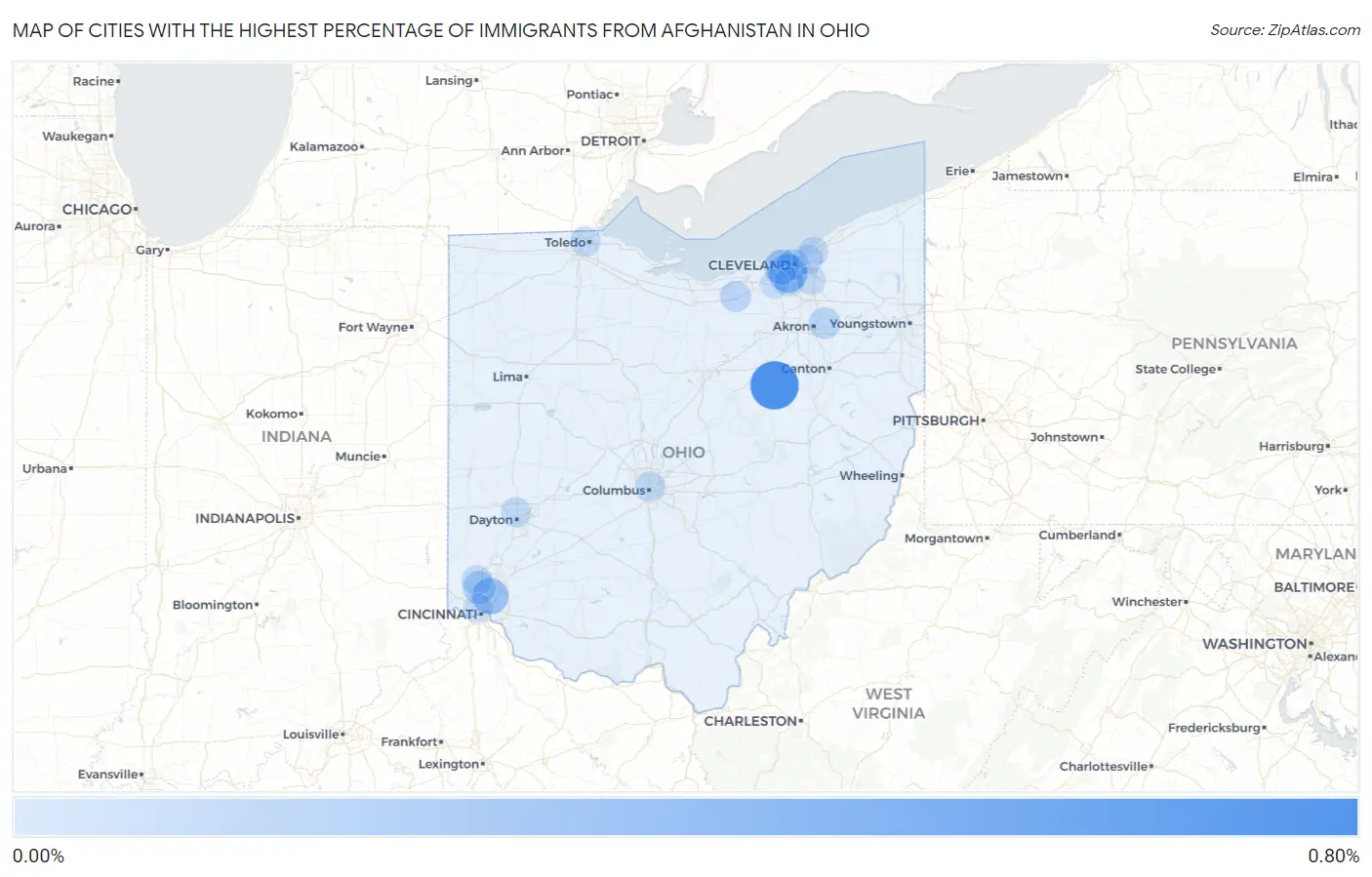 Cities with the Highest Percentage of Immigrants from Afghanistan in Ohio Map