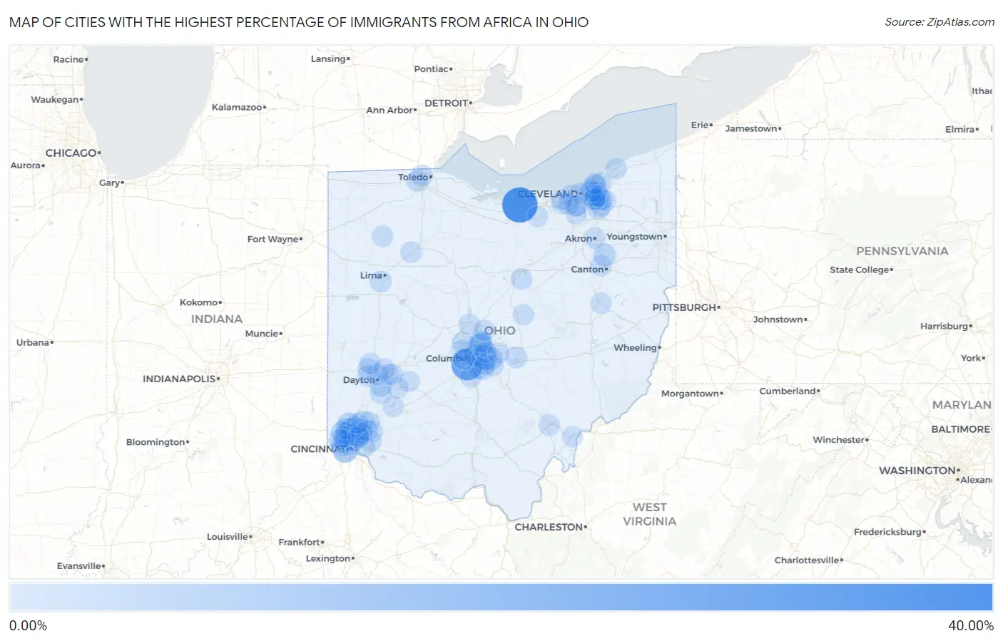 Cities with the Highest Percentage of Immigrants from Africa in Ohio Map