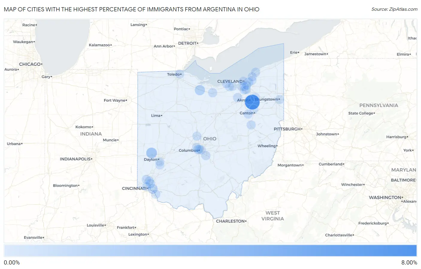 Cities with the Highest Percentage of Immigrants from Argentina in Ohio Map