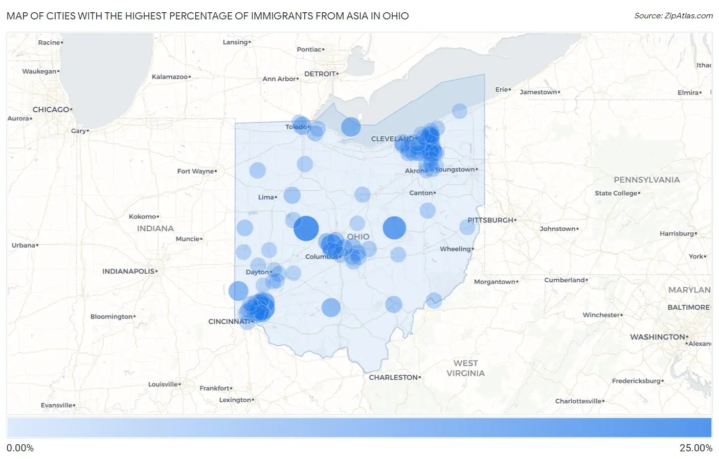 Cities with the Highest Percentage of Immigrants from Asia in Ohio Map