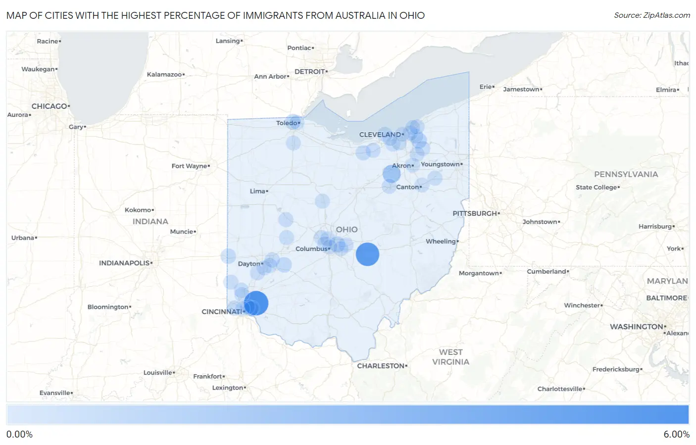Cities with the Highest Percentage of Immigrants from Australia in Ohio Map