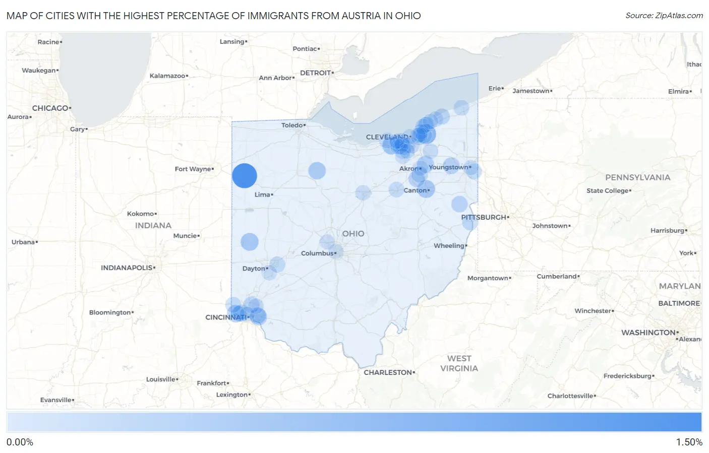 Cities with the Highest Percentage of Immigrants from Austria in Ohio Map