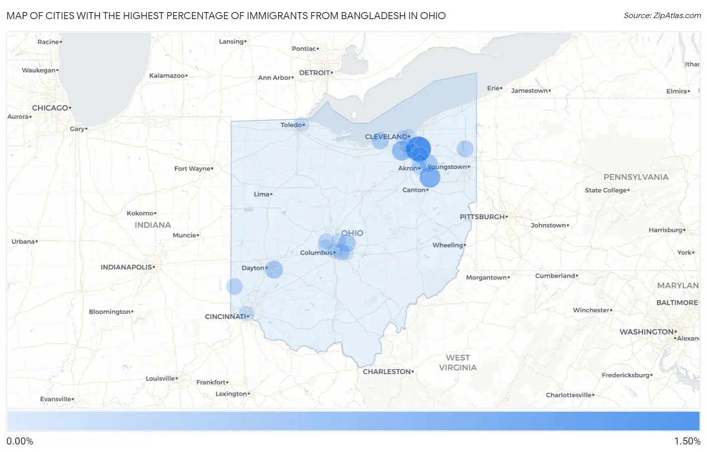 Cities with the Highest Percentage of Immigrants from Bangladesh in Ohio Map