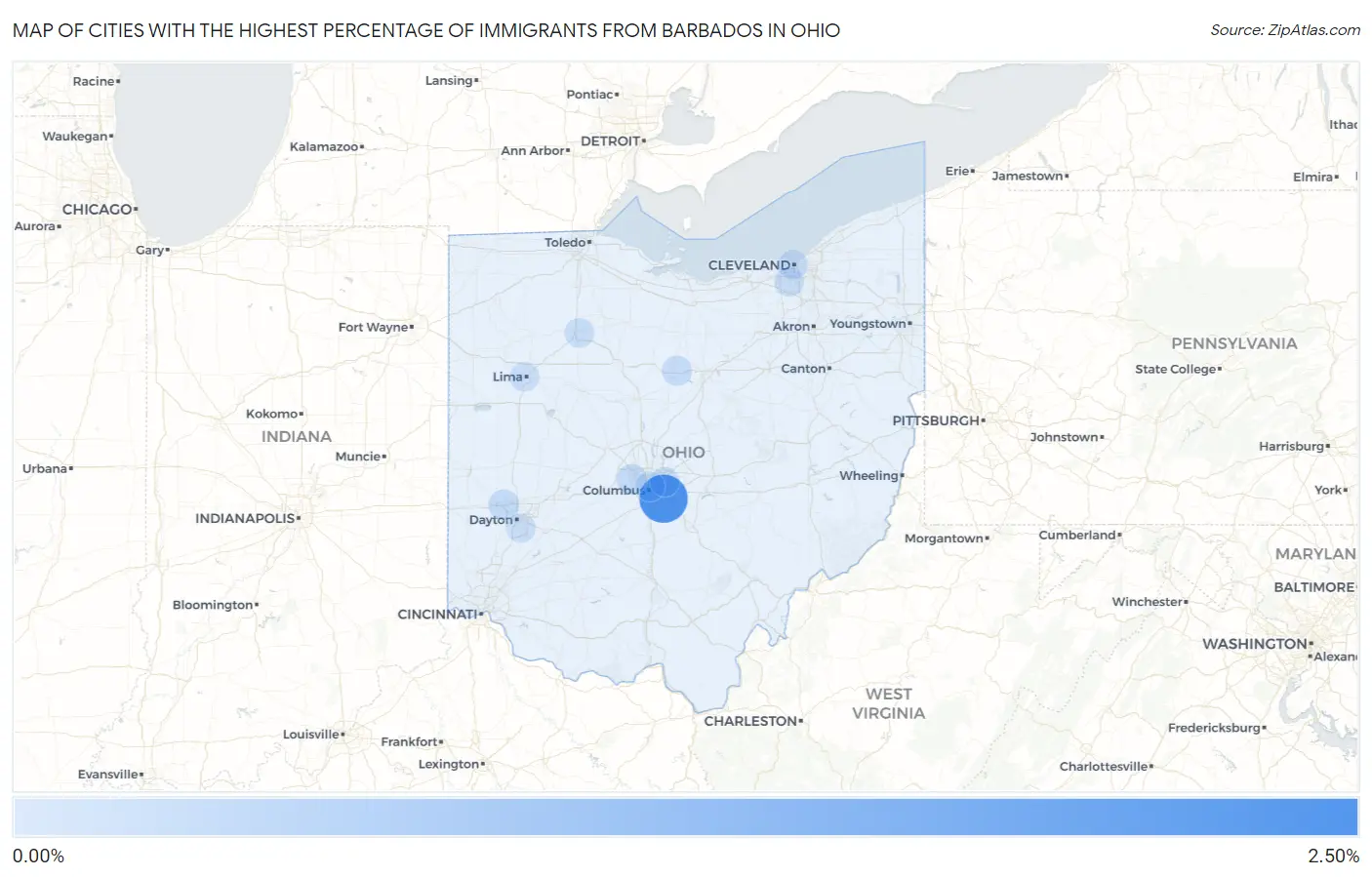 Cities with the Highest Percentage of Immigrants from Barbados in Ohio Map