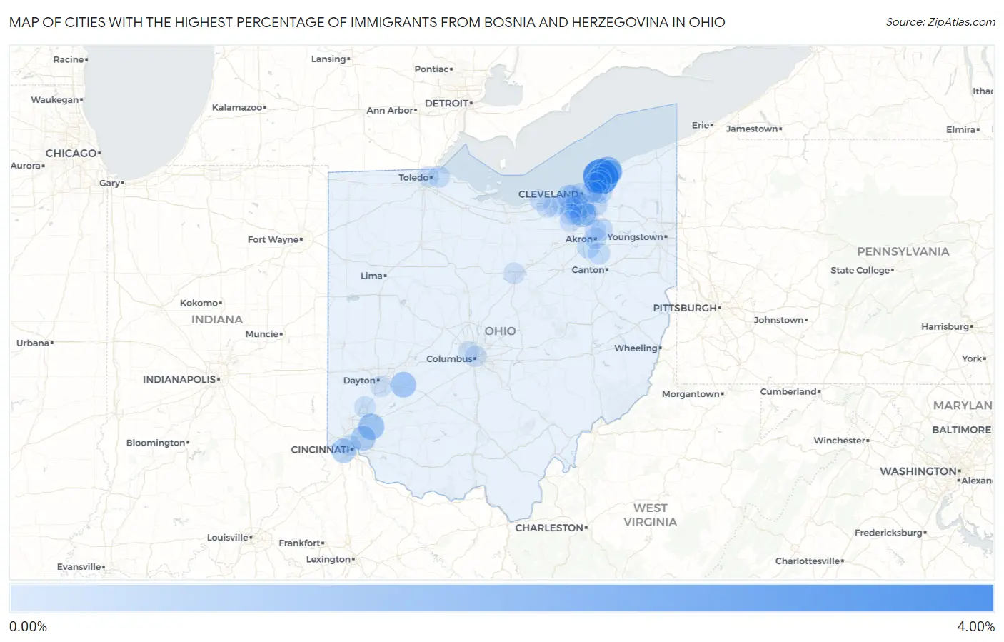 Cities with the Highest Percentage of Immigrants from Bosnia and Herzegovina in Ohio Map