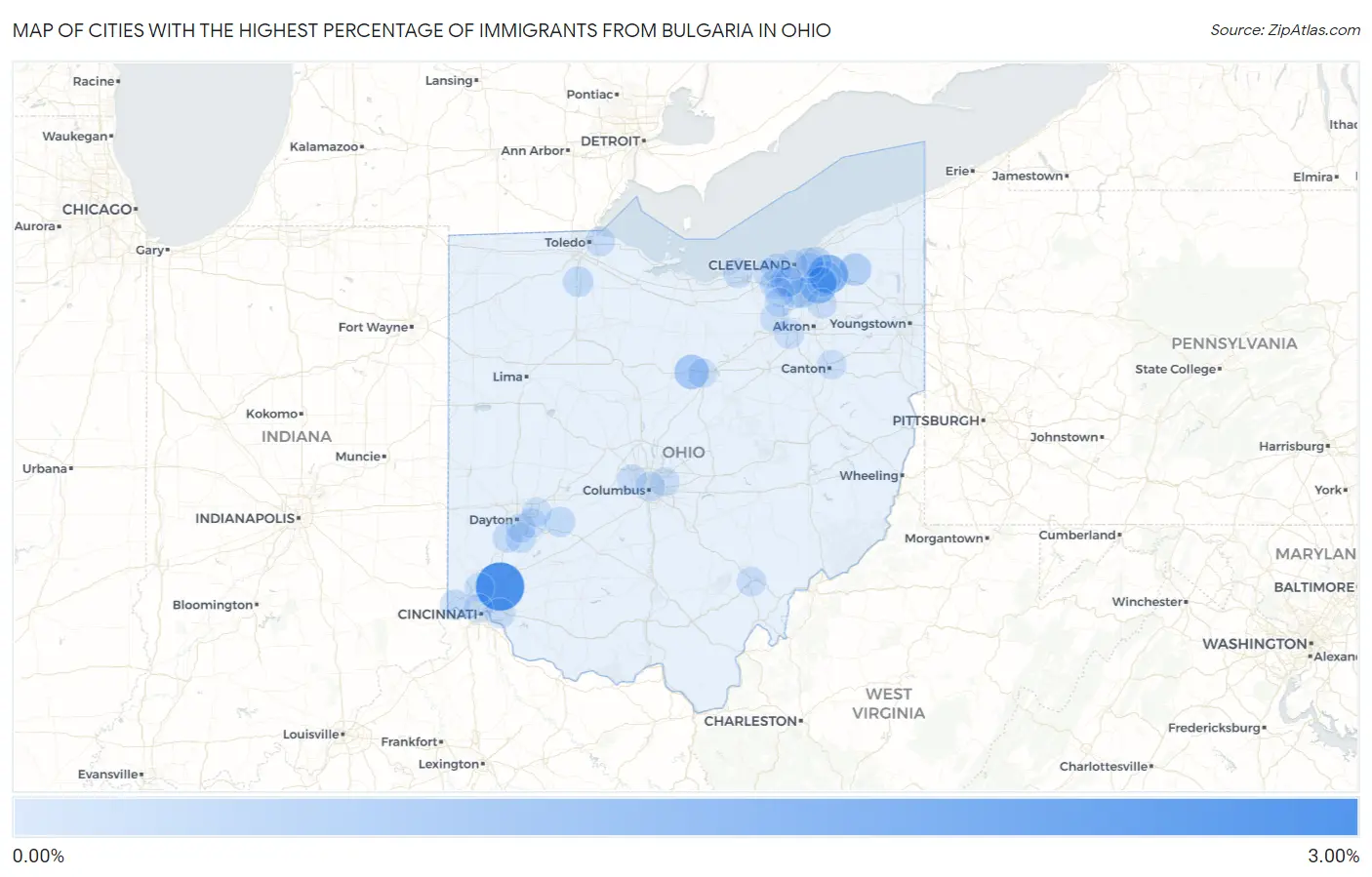 Cities with the Highest Percentage of Immigrants from Bulgaria in Ohio Map