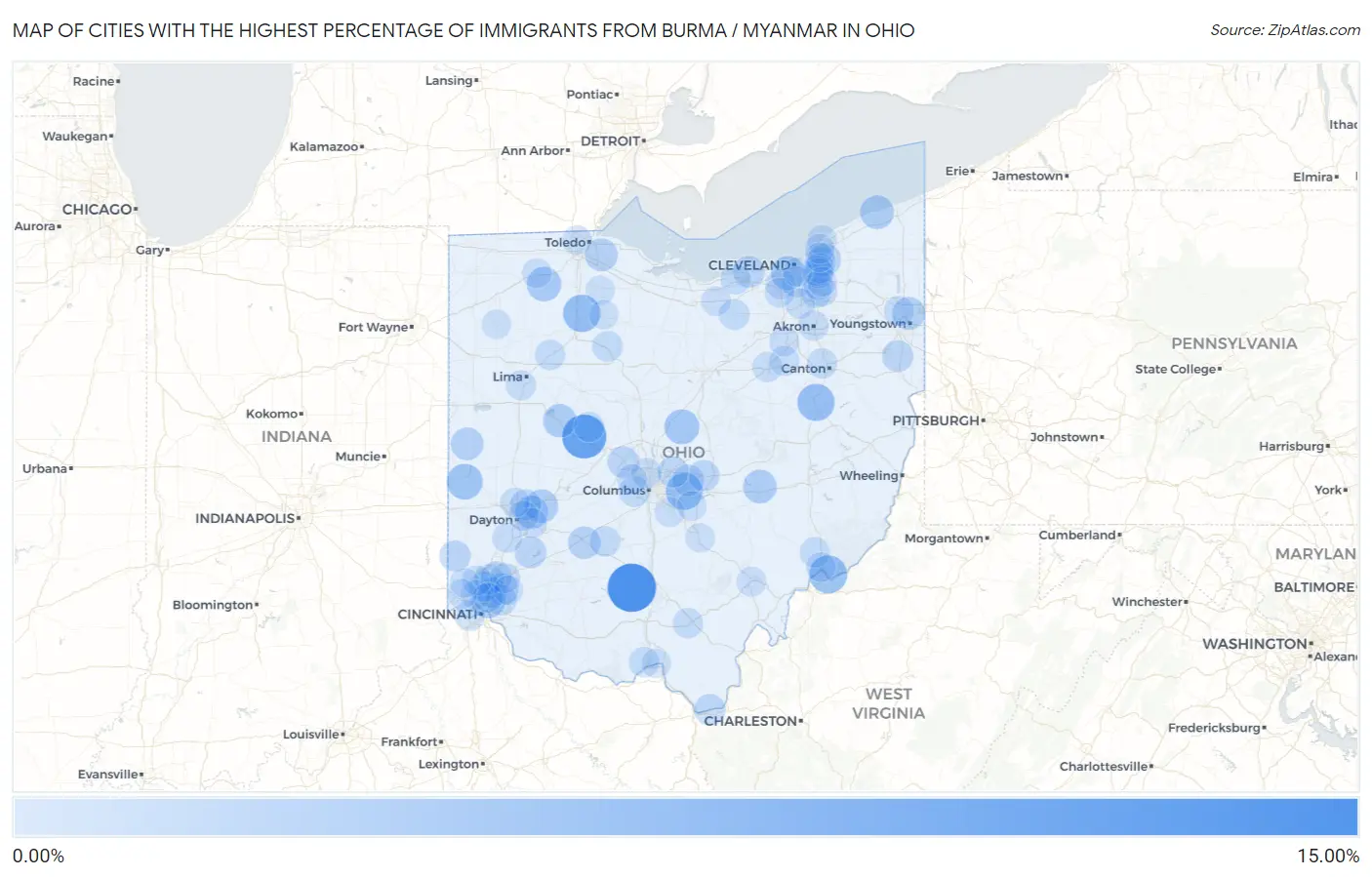 Cities with the Highest Percentage of Immigrants from Burma / Myanmar in Ohio Map