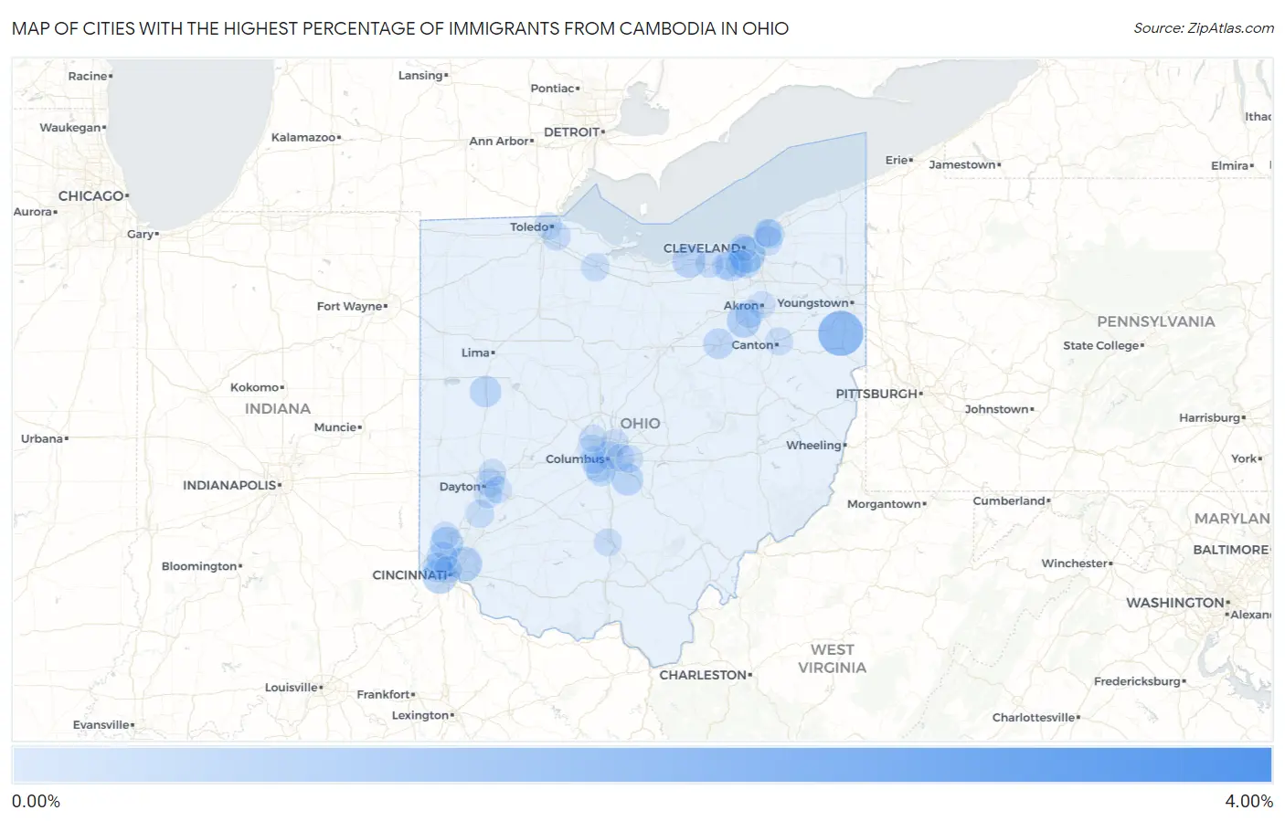 Cities with the Highest Percentage of Immigrants from Cambodia in Ohio Map