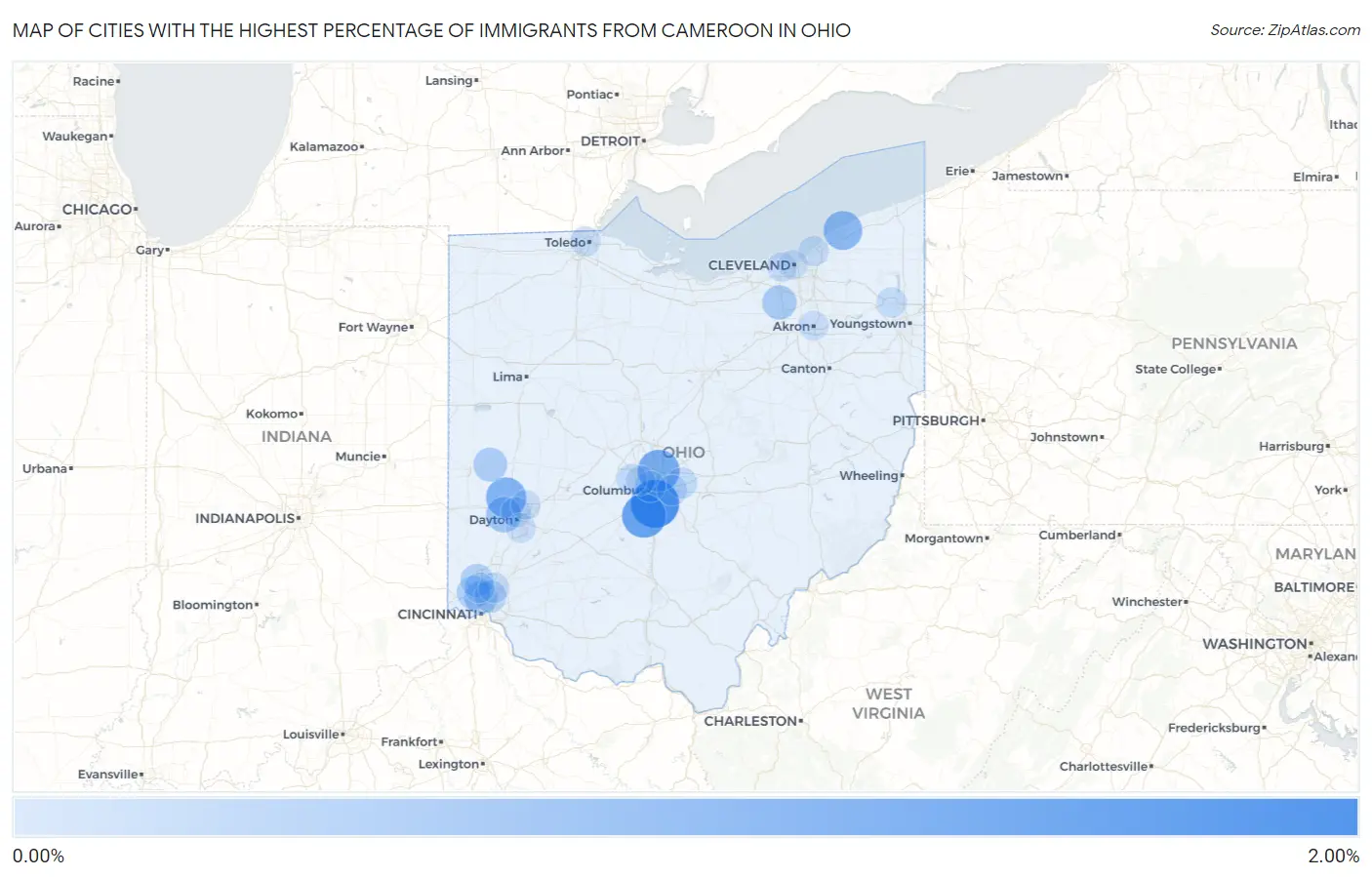 Cities with the Highest Percentage of Immigrants from Cameroon in Ohio Map