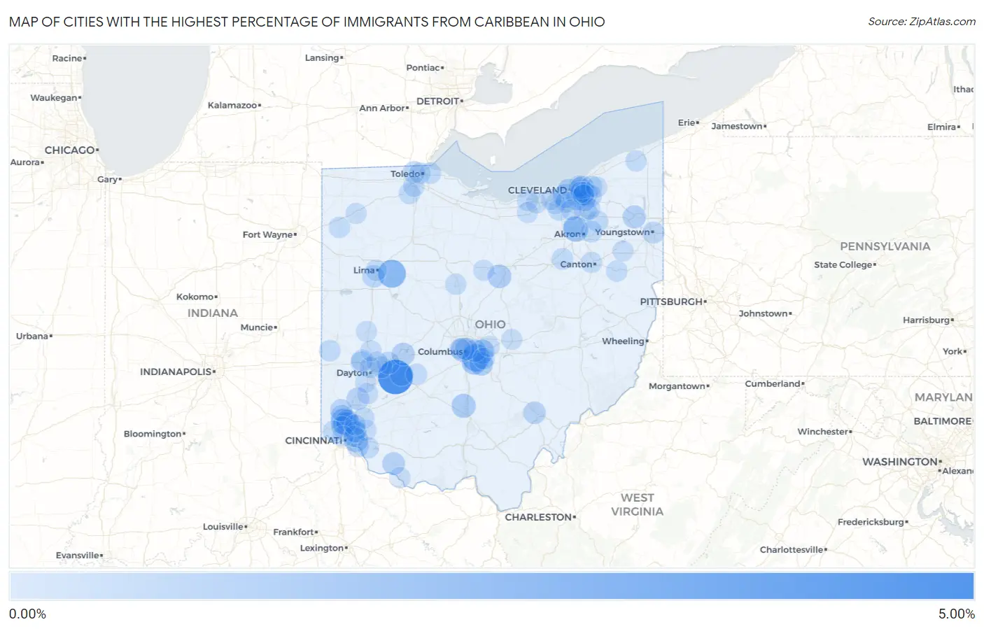 Cities with the Highest Percentage of Immigrants from Caribbean in Ohio Map
