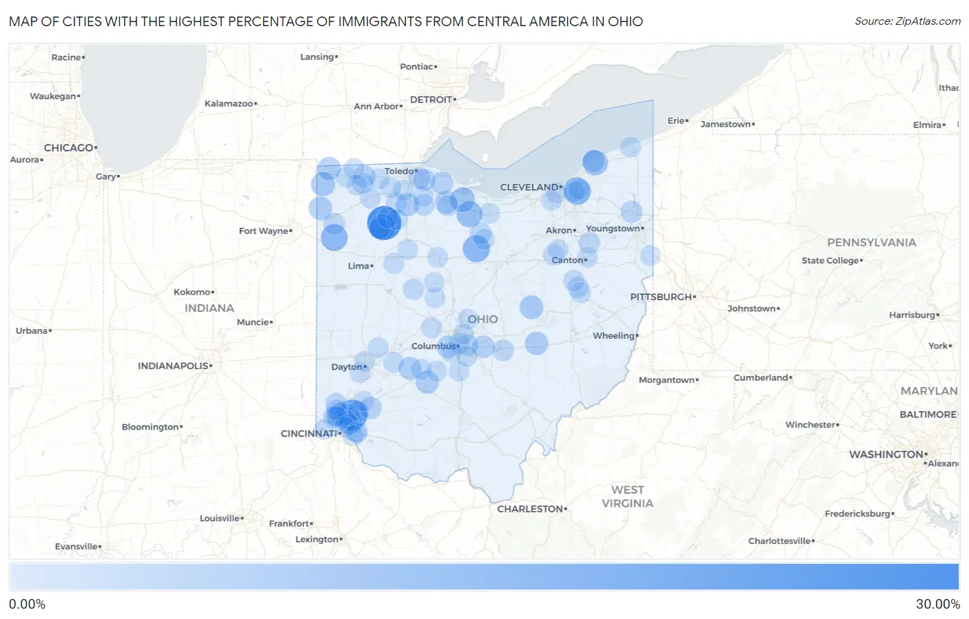 Cities with the Highest Percentage of Immigrants from Central America in Ohio Map