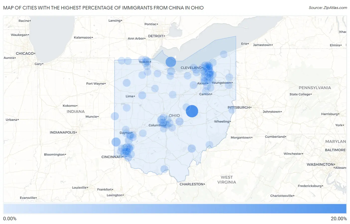 Cities with the Highest Percentage of Immigrants from China in Ohio Map