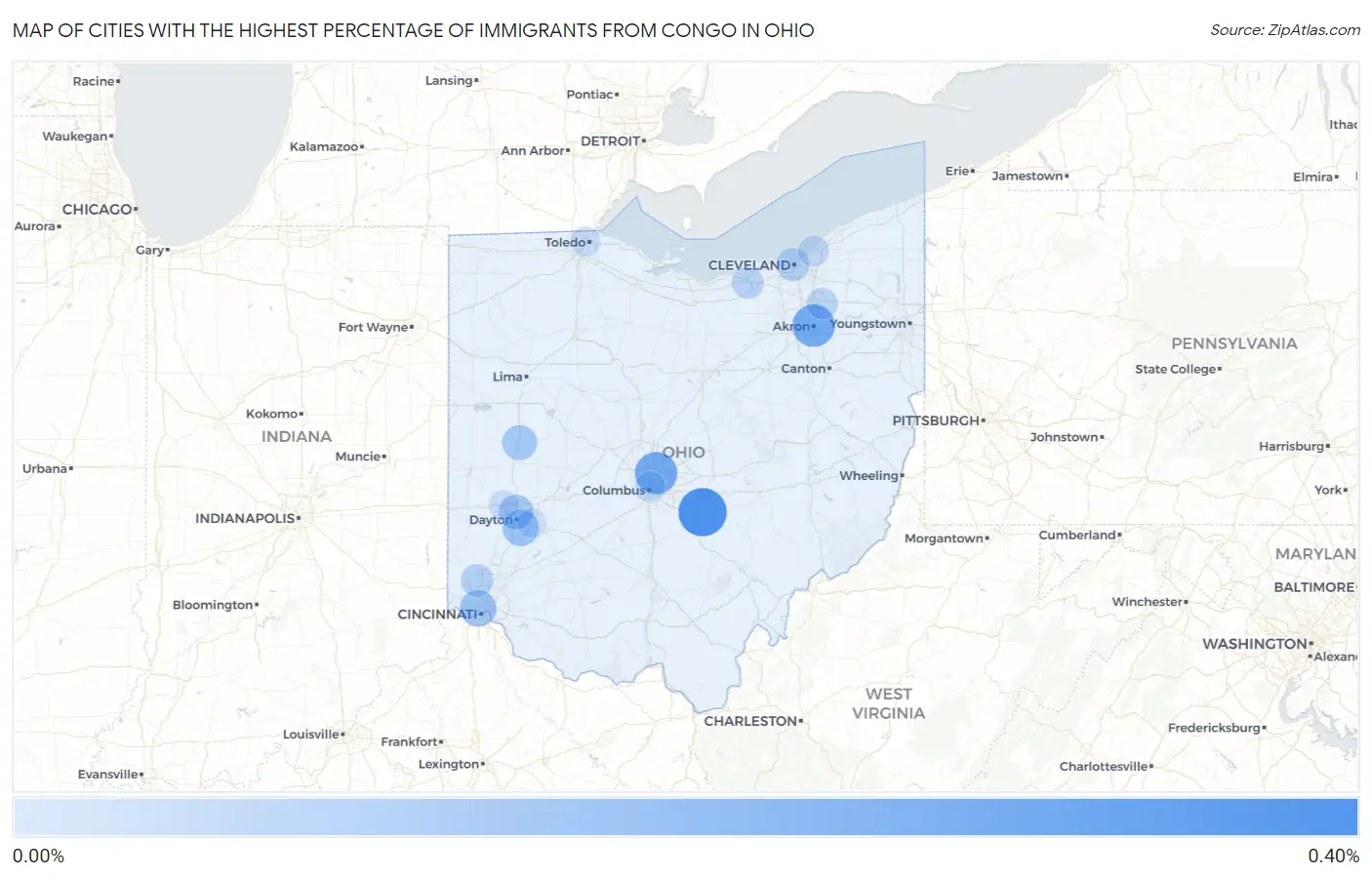 Cities with the Highest Percentage of Immigrants from Congo in Ohio Map