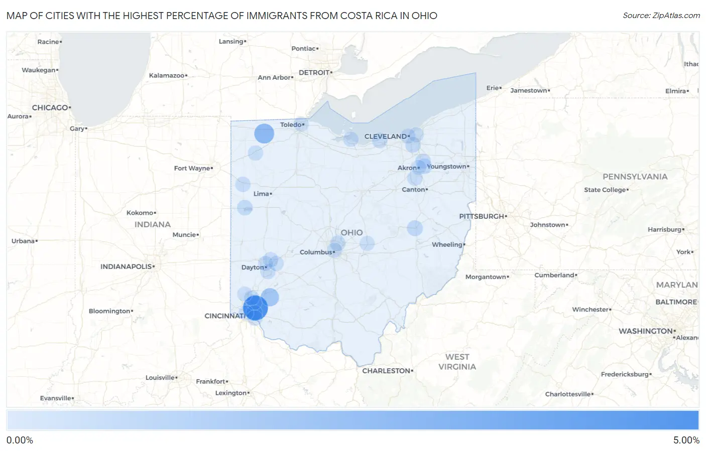 Cities with the Highest Percentage of Immigrants from Costa Rica in Ohio Map