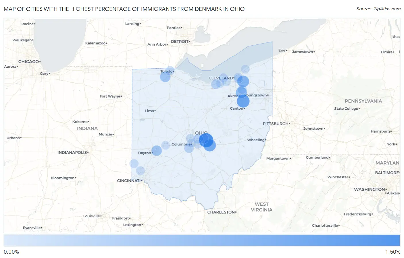 Cities with the Highest Percentage of Immigrants from Denmark in Ohio Map