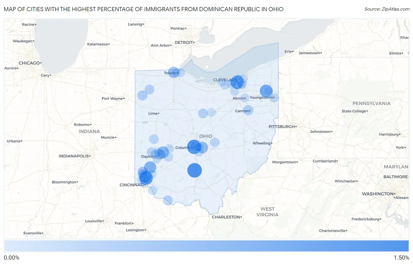 Cities with the Highest Percentage of Immigrants from Dominican Republic in Ohio Map
