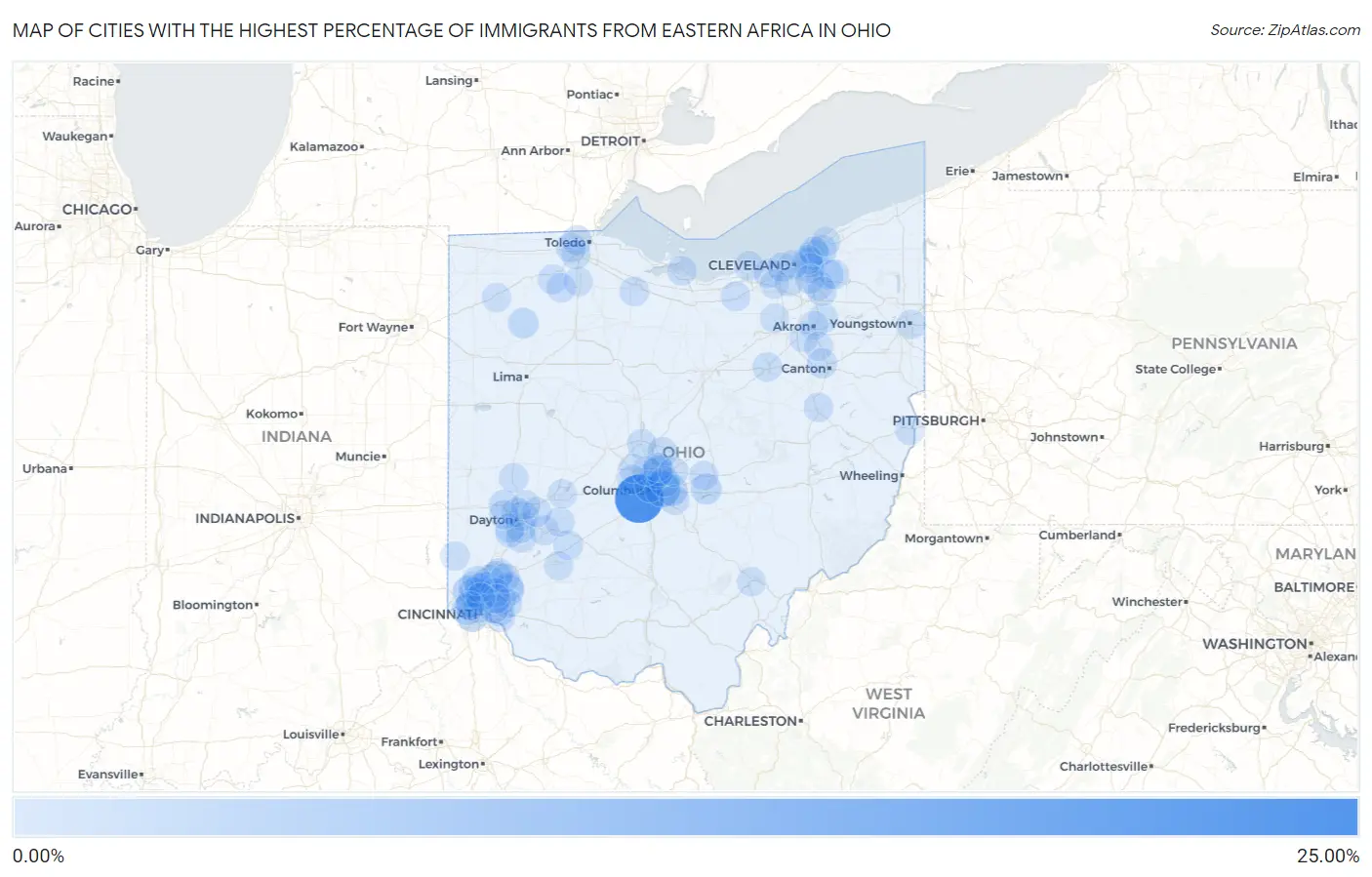 Cities with the Highest Percentage of Immigrants from Eastern Africa in Ohio Map