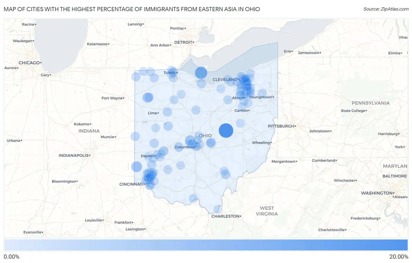 Cities with the Highest Percentage of Immigrants from Eastern Asia in Ohio Map
