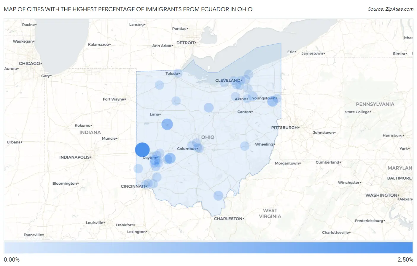 Cities with the Highest Percentage of Immigrants from Ecuador in Ohio Map