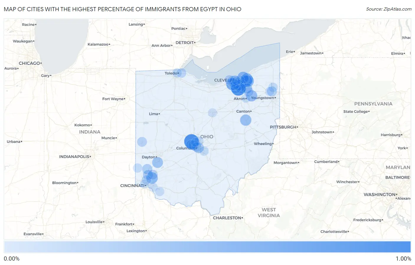Cities with the Highest Percentage of Immigrants from Egypt in Ohio Map