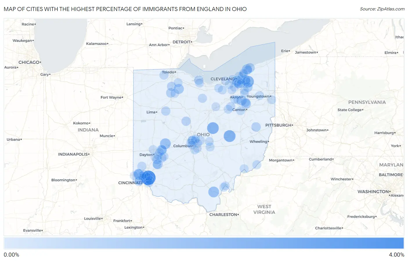 Cities with the Highest Percentage of Immigrants from England in Ohio Map