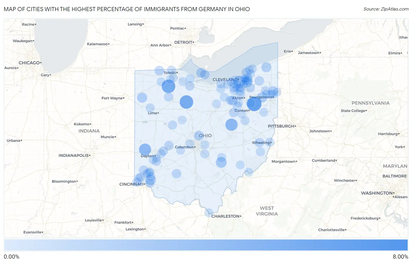 Cities with the Highest Percentage of Immigrants from Germany in Ohio Map