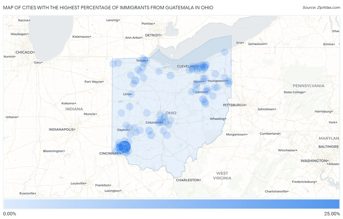 Cities with the Highest Percentage of Immigrants from Guatemala in Ohio Map
