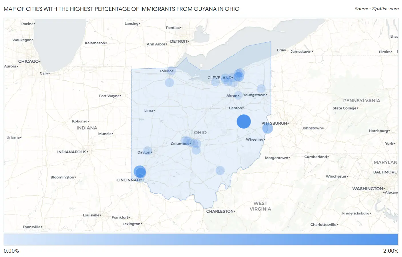 Cities with the Highest Percentage of Immigrants from Guyana in Ohio Map