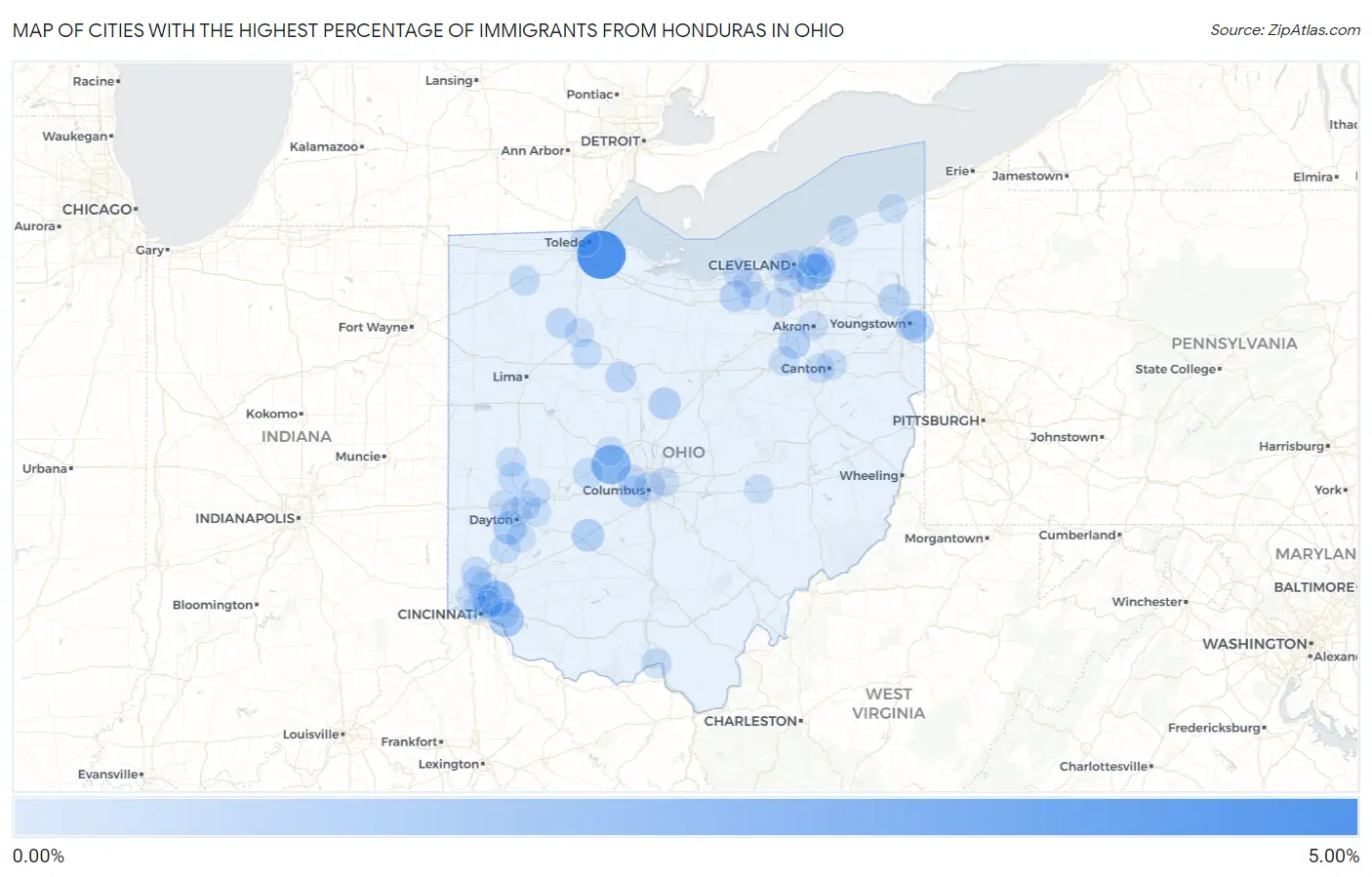 Cities with the Highest Percentage of Immigrants from Honduras in Ohio Map