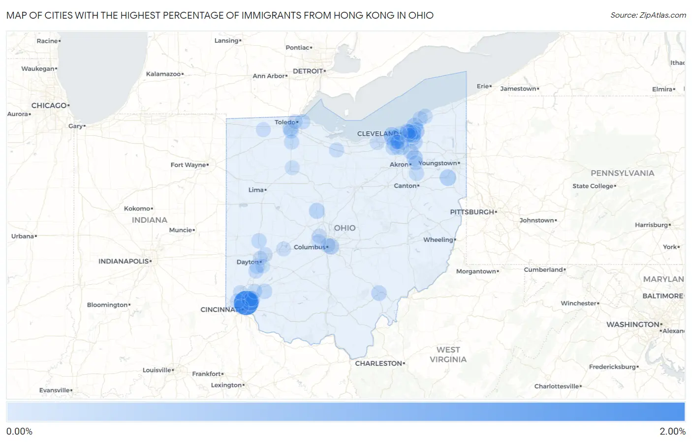 Cities with the Highest Percentage of Immigrants from Hong Kong in Ohio Map