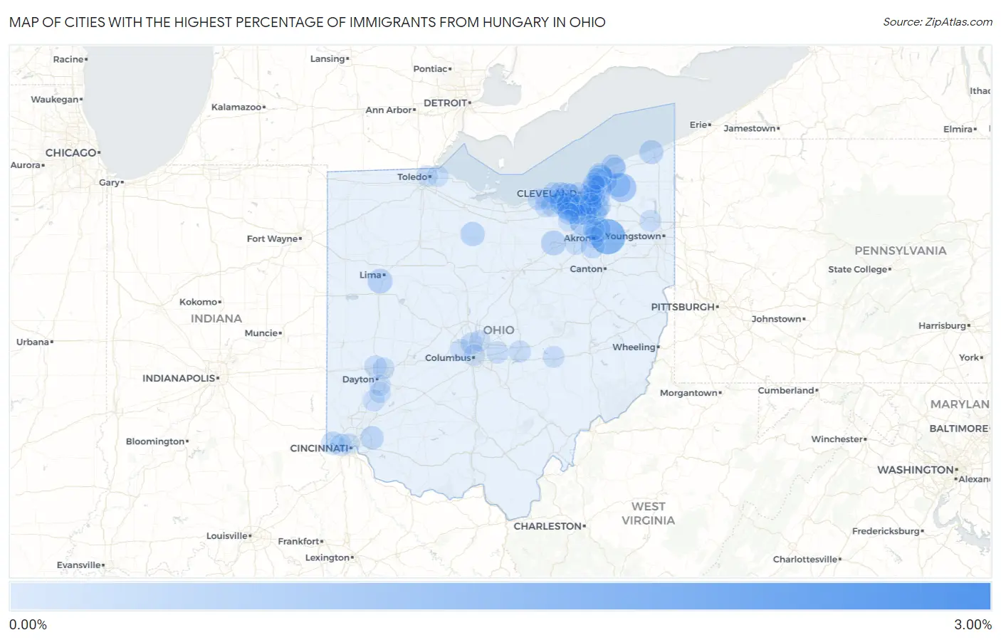 Cities with the Highest Percentage of Immigrants from Hungary in Ohio Map