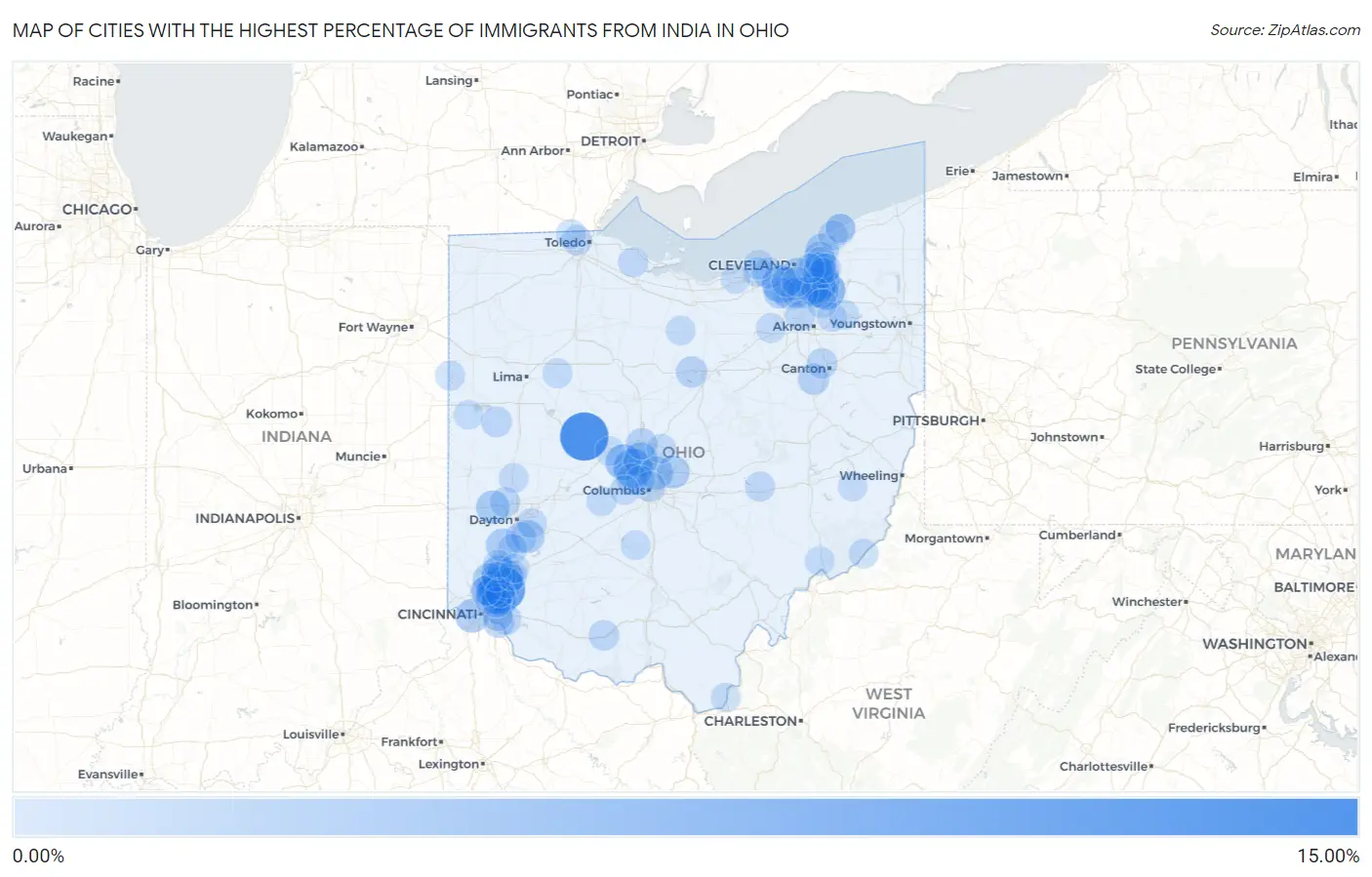Cities with the Highest Percentage of Immigrants from India in Ohio Map