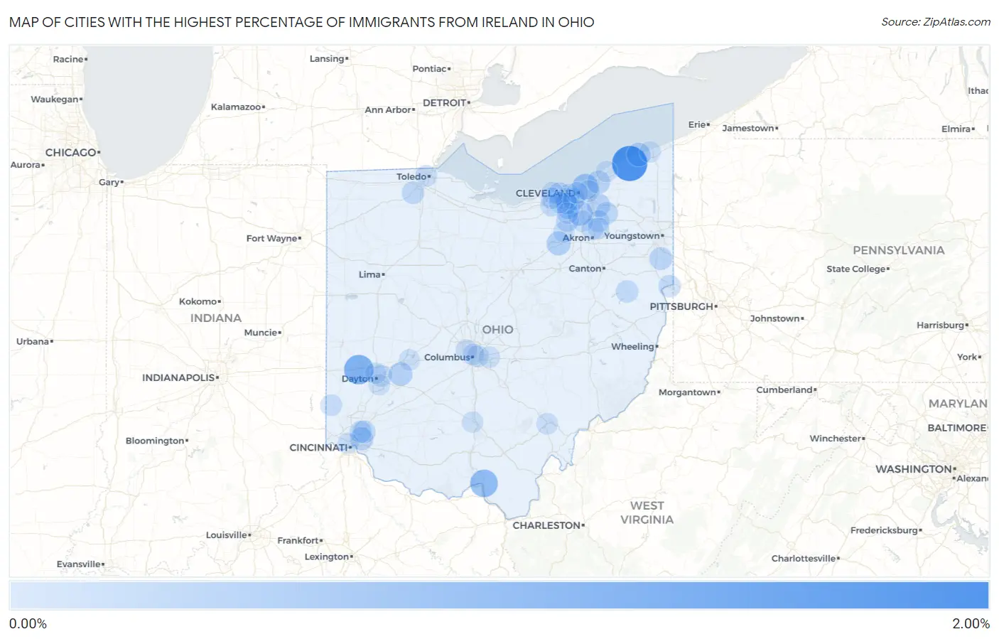 Cities with the Highest Percentage of Immigrants from Ireland in Ohio Map
