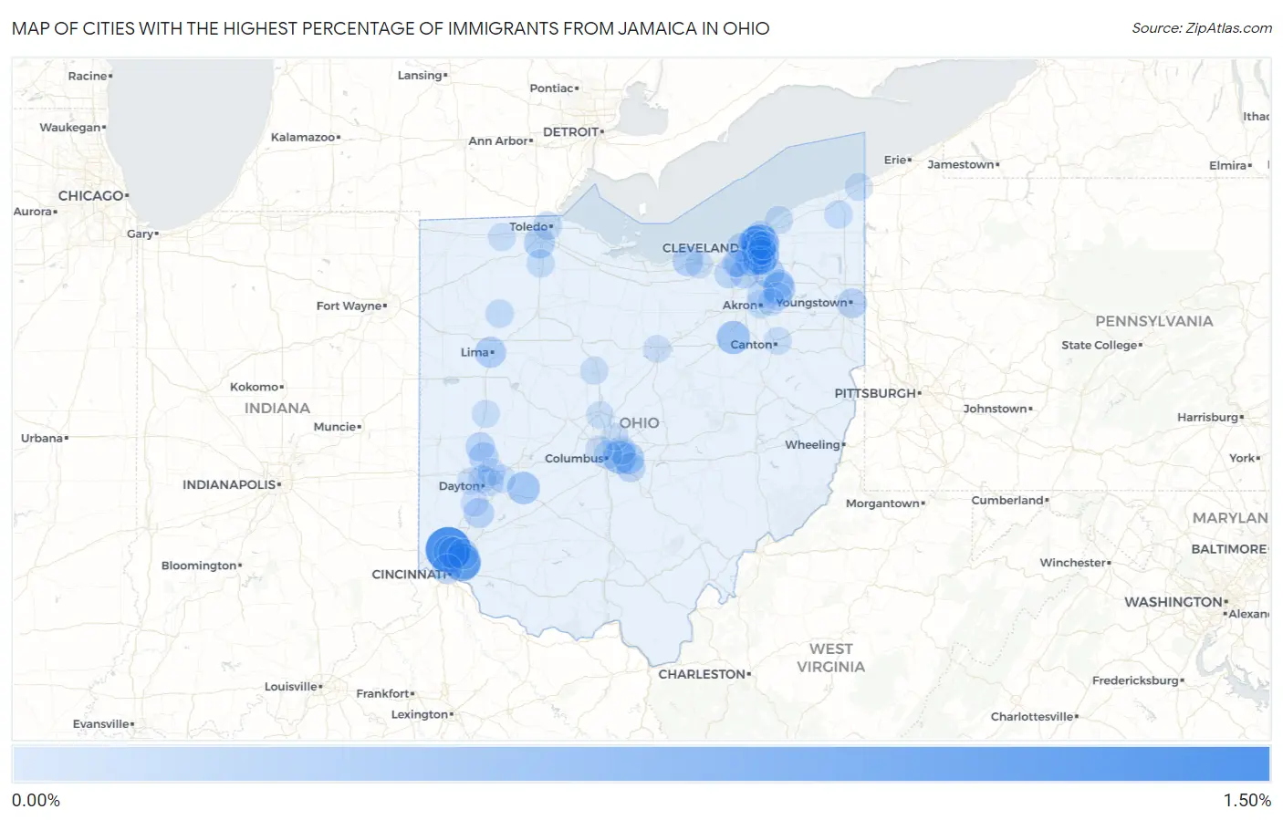Cities with the Highest Percentage of Immigrants from Jamaica in Ohio Map
