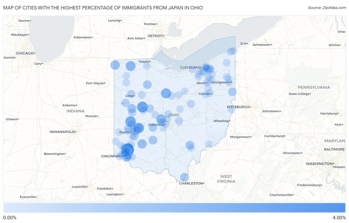 Cities with the Highest Percentage of Immigrants from Japan in Ohio Map