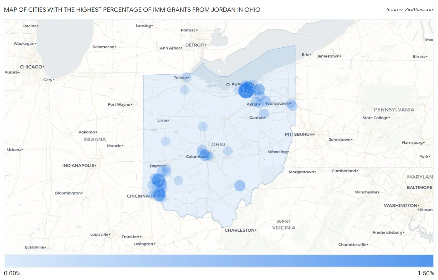 Cities with the Highest Percentage of Immigrants from Jordan in Ohio Map