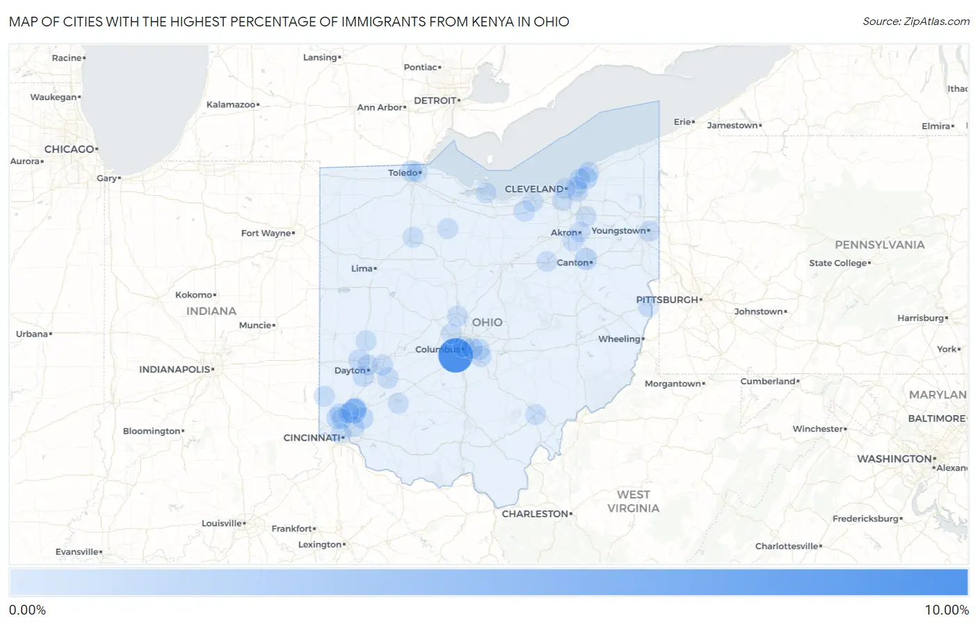 Cities with the Highest Percentage of Immigrants from Kenya in Ohio Map