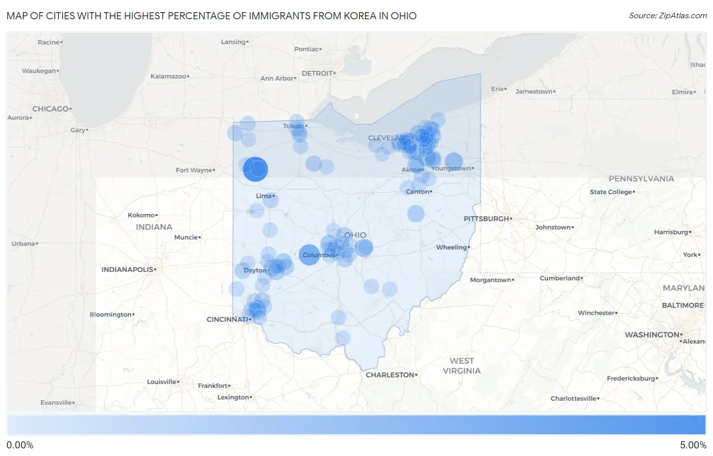 Cities with the Highest Percentage of Immigrants from Korea in Ohio Map