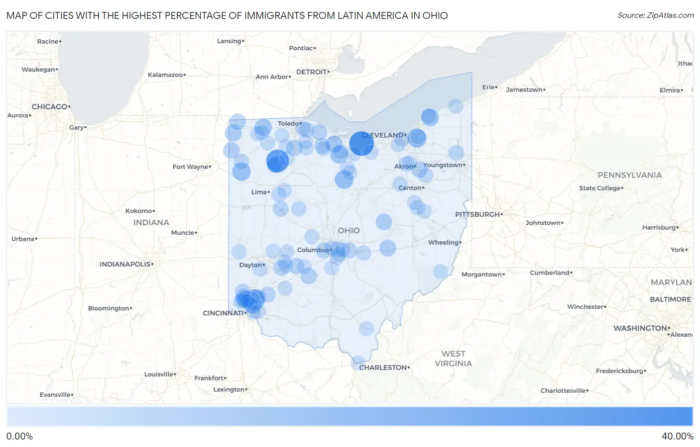 Cities with the Highest Percentage of Immigrants from Latin America in Ohio Map