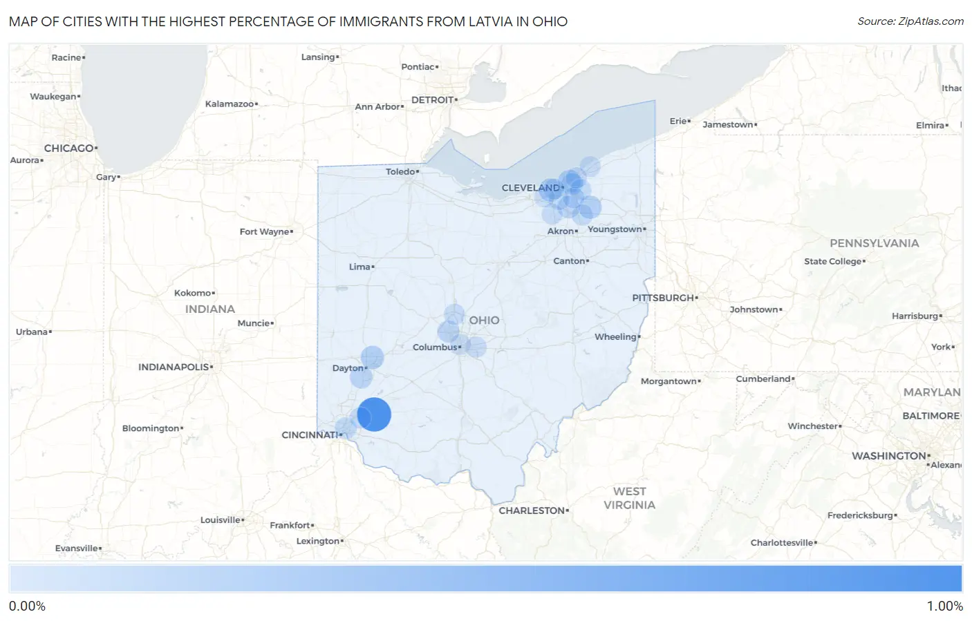 Cities with the Highest Percentage of Immigrants from Latvia in Ohio Map